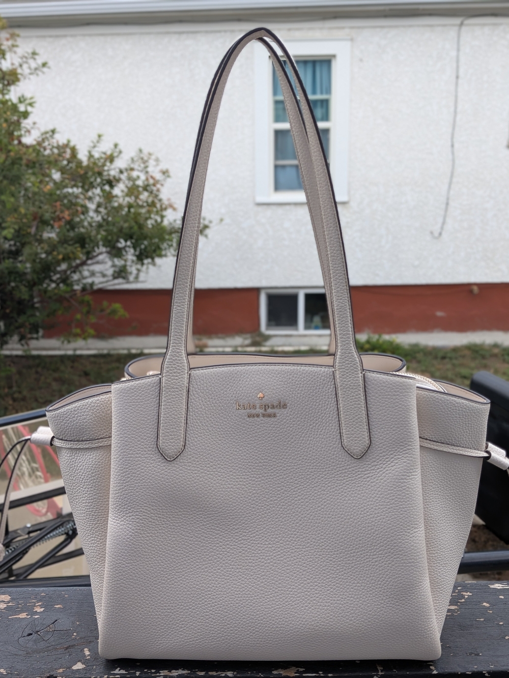kate spade Pebbled Leather Tote in Light Gray with Gold Logo Accent